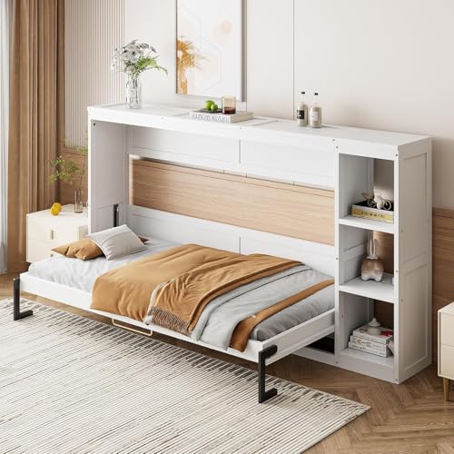 Full Murphy Bed with Storage Shelves,Wood Murphy Bed Cabinet with Storage Bookcase,Fold Up Bed Modern Murphy Wall Bed Full Size (White,Full)