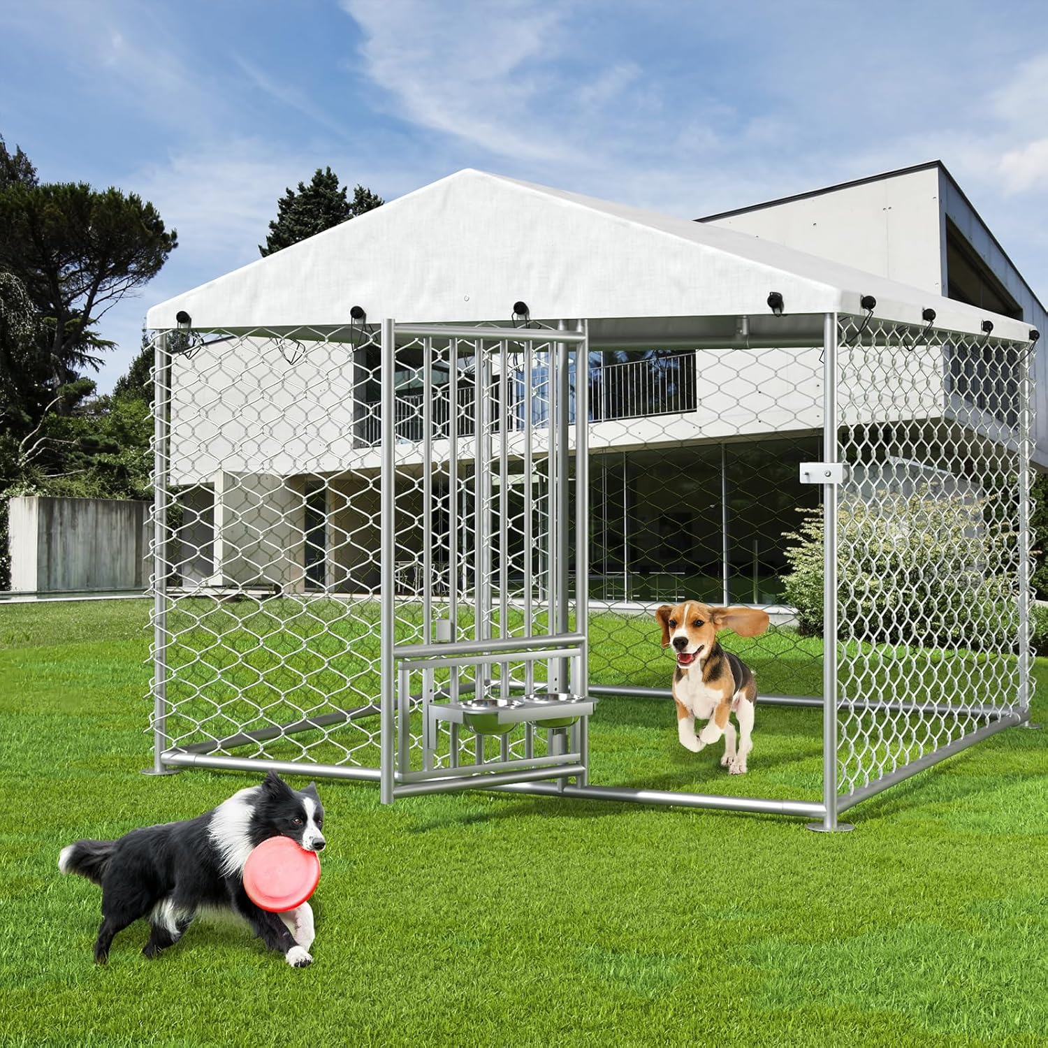6.7' x 6.7' x 5' Outdoor Dog Kennel with Roof, Outside Dog Kennel with UV-Resistant & Waterproof Cover, Dog Kennel Outside with Rotating Feeding Bowls, Covered Outdoor Kennel for Dogs