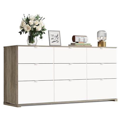 WLIVE 9 Drawer Dressers, Modern Large Wood Dresser Chest for Bedroom Organize with Sturdy Metal Handle, TV Stand for 75 inch TV, Living Room Office, Hallway, Ball Bearing Slide, Grey Oak (63" W)