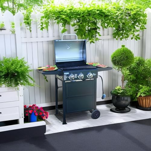Grill. 3 burner gas grill, Propane Grill, bbq grill with thermometer, gas grill outdoor for small gatherings, 30000 BTU barbecue grill with Foldable Rack.