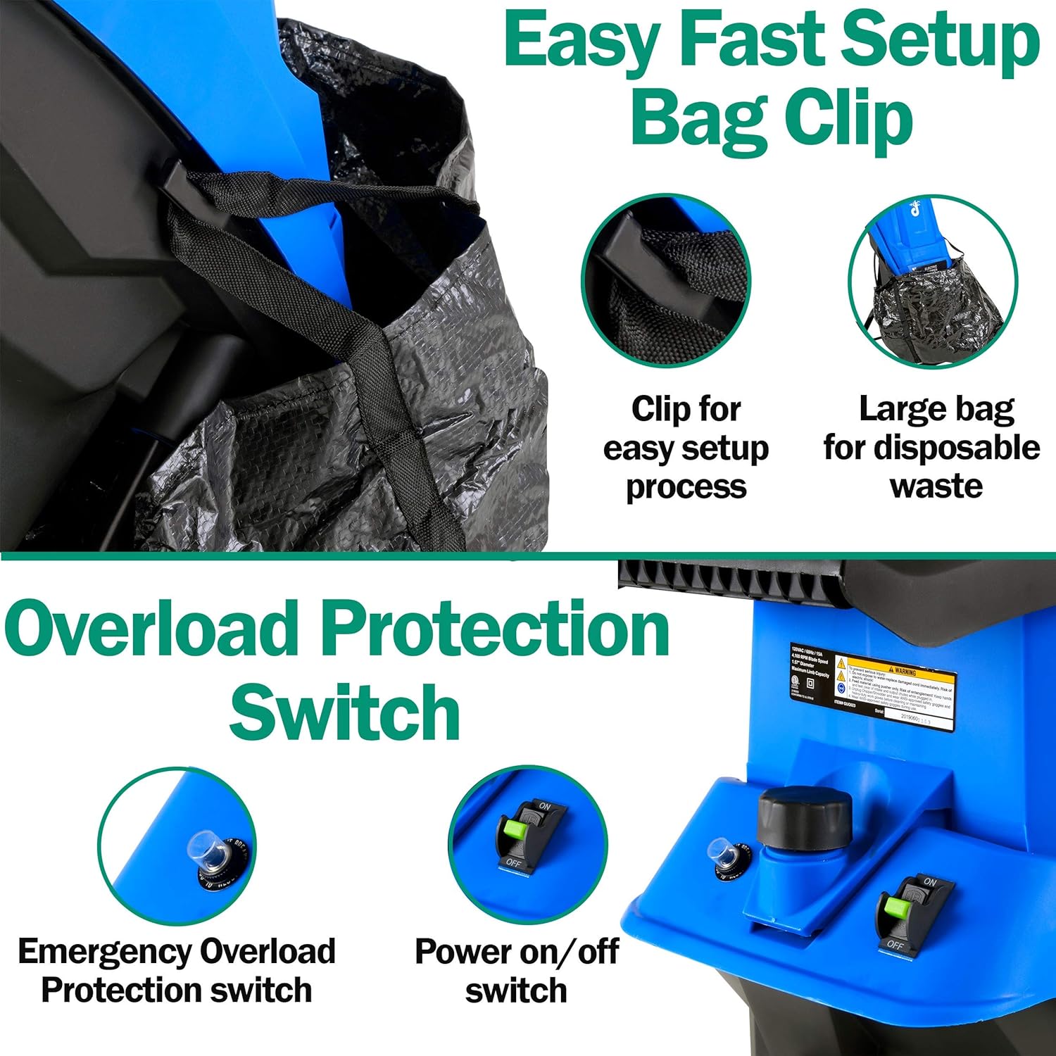 Landworks Wood Chipper Shredder Electric Light Duty 17:1 Reduction 15-Amp 1800 Watts 120VAC Dual Edge Blades for Lawn and Garden Use or Fire Prevention Building a Firebreak
