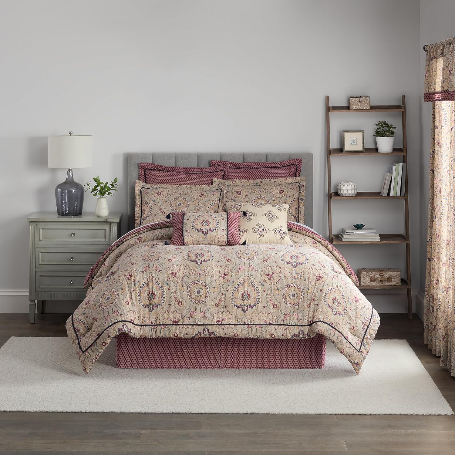 Waverly Oxford Damask 4 Piece Cotton Comforter Set, Embellished All Season Bedding, includes One Comforter, One Bed Skirt and Two Pillow Shams, Machine Washable Queen Bed Set, Beige & Maroon
