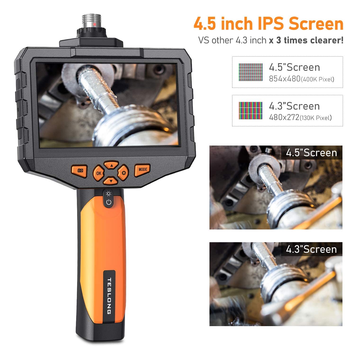 Teslong Industrial Endoscope with Screen, 0.21inch Handheld Borescope Inspection Camera with Waterproof Gooseneck Probe, 4.5inch IPS Display for Auto Sewer Drain Pipe HVAC Spark Plumbing (1m/3.2ft)