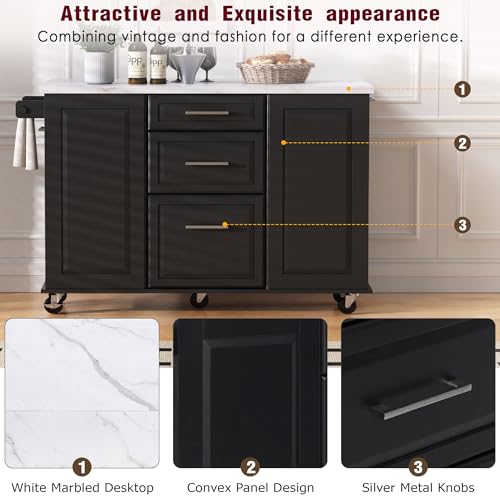 60" Kitchen Island with Drop Leaf and Power Outlet, Rolling Kitchen Cart on Wheels with Trash Can Storage Cabinet, Spice Rack, Towel Rack and Adjustable Shelf for Dining Room