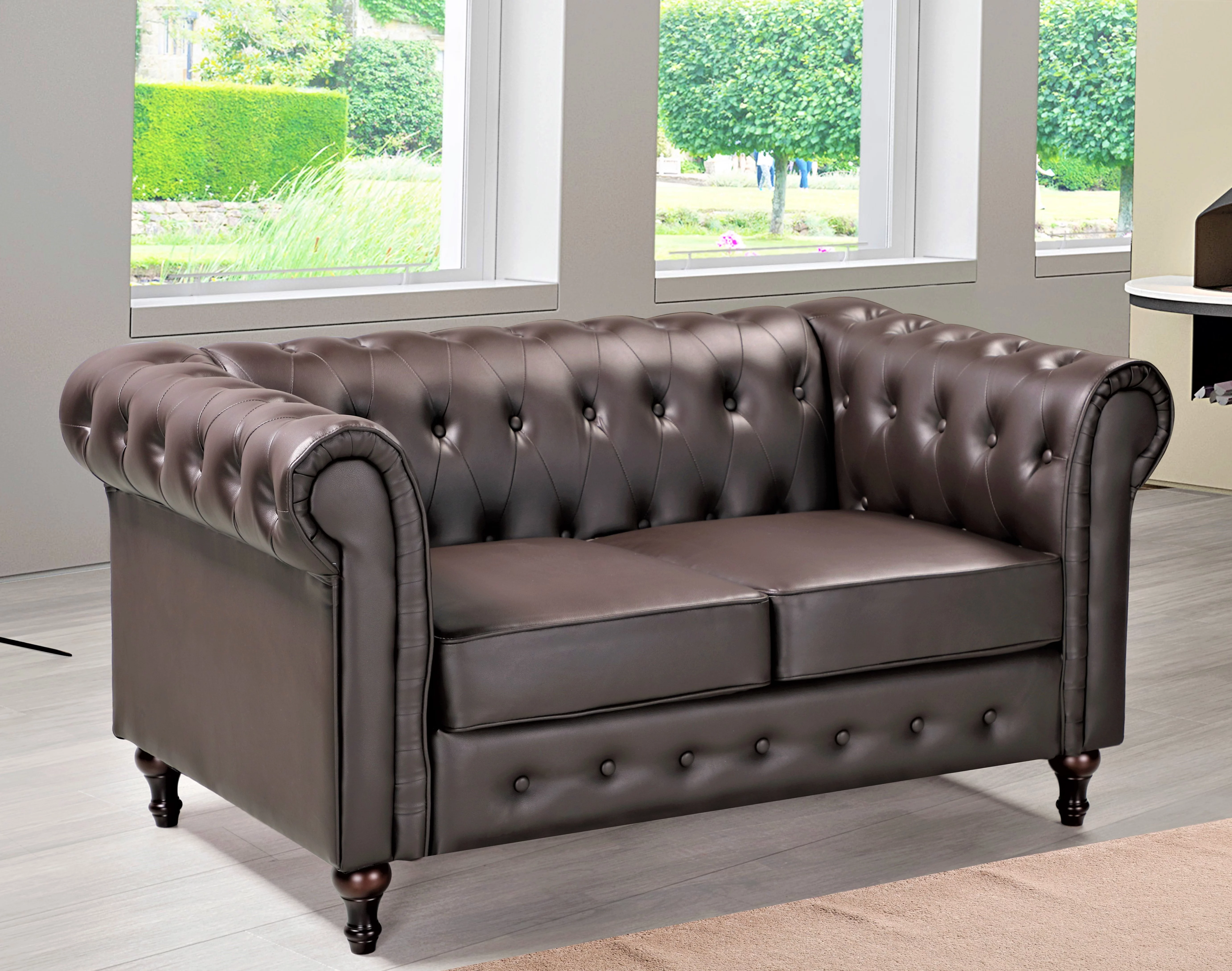 Uspridefurniture Oriskany Chesterfield Faux Leather Loveseat -Brown, Solid Wood Leg