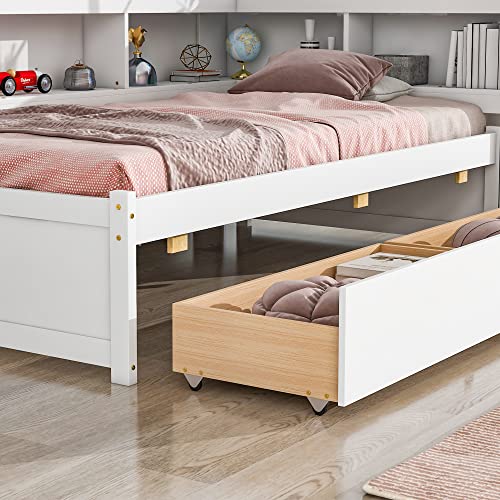 Full Size Platform Bed with Two Storage Drawers and L-Shaped Bookcase, Wooden Captain Bed Frame with Bookcase Headboard, Corner Bed Frame for Bedroom, No Box Spring Needed (Grey)