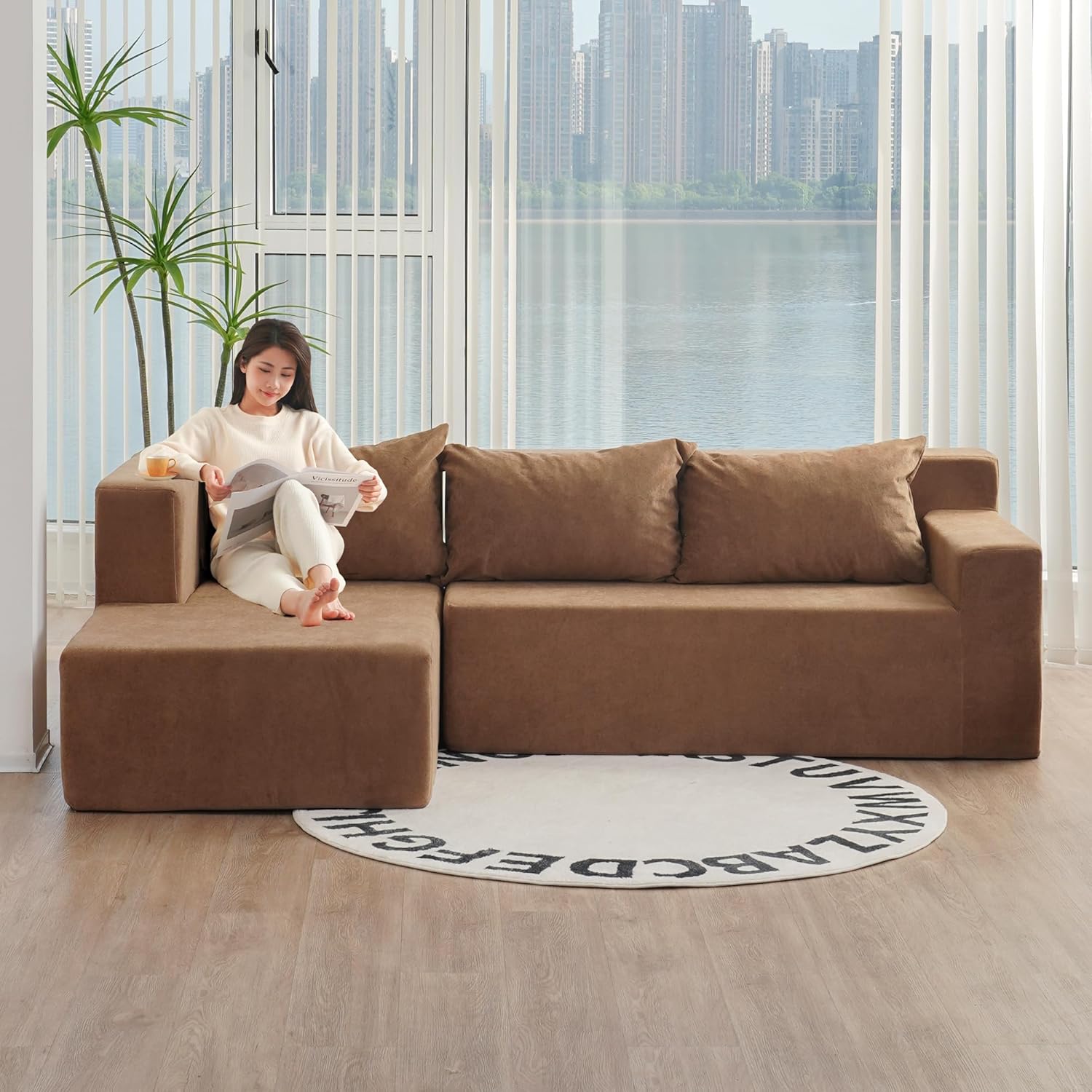 Modern L-Shape Modular Sectional Couch with Chaise Lounge, Comfy Snow Velvet Fabric Sofa for Living Room & Apartment, Stylish & Versatile Upholster, khaki