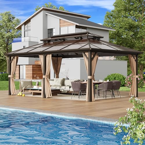 EROMMY 10' x 12' Hardtop Gazebo, Aluminum Frame Gazebos with Galvanized Steel Double Roof, Permanent Outdoor Metal Pavilion with Curtain and Netting for Patio, Lawn, Deck