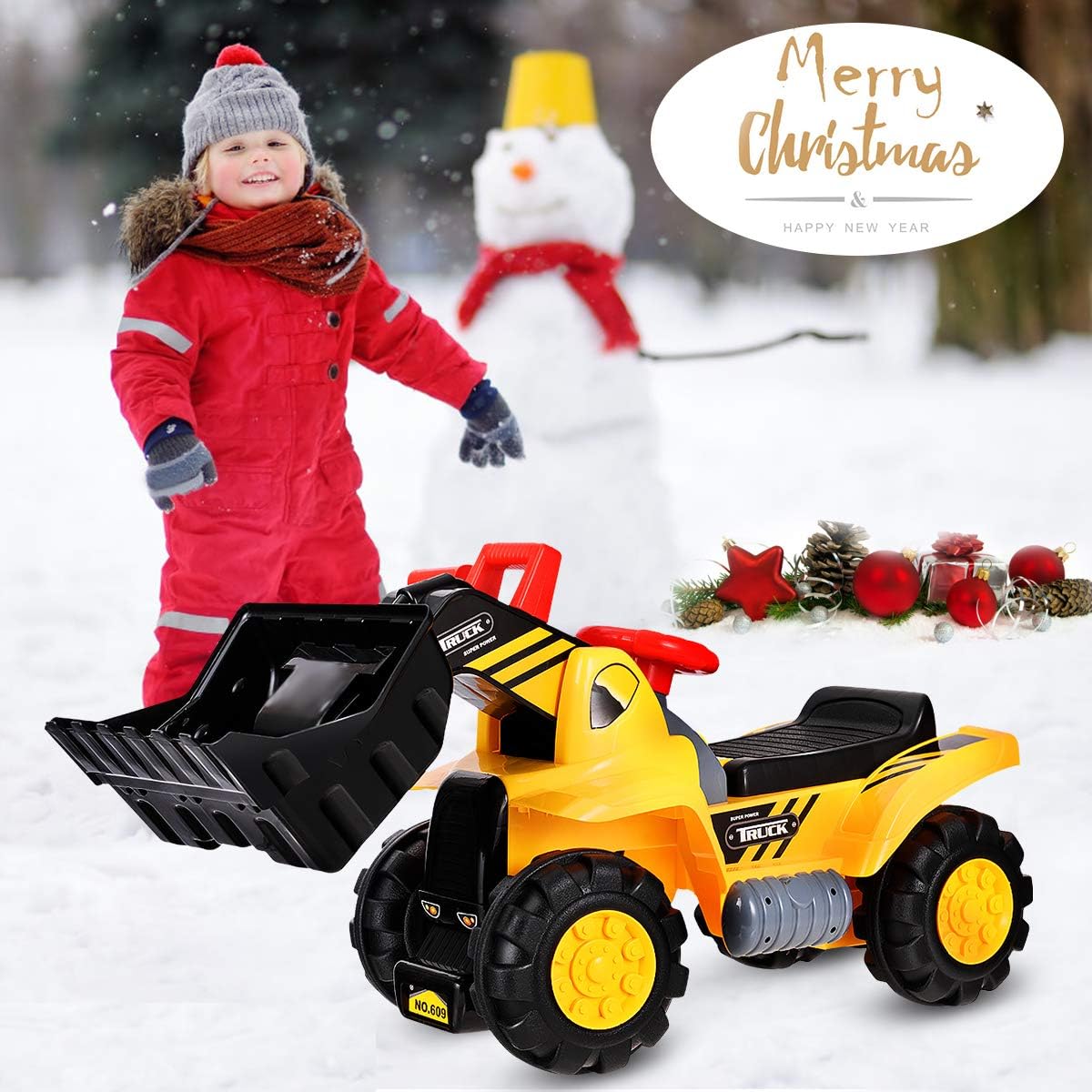 Costzon Kids Ride On Construction Bulldozer, Outdoor Digger Scooper Pulling Cart W/Front Loader Digger Horn Underneath Storage, Children Pretend Play Truck Toy (Yellow)