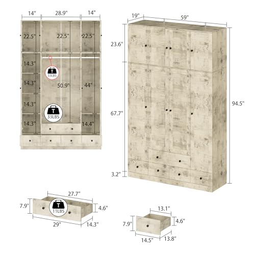 ECACAD Extra Tall Wardrobe Armoire with Top Cabinet, 10 Shelves, 4 Drawers, Hanging Rod & 8 Louver Doors, Wooden Closet Storage Cabinet for Bedroom, Light Brown (59”W x 19”D x 94.5”H)