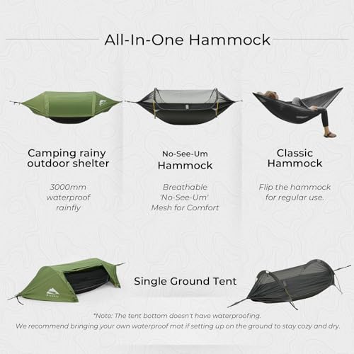Camping Hammock Tent with Mosquito Net & RainFly, 3 in 1 Waterproof Lightweight Portable Sleeping Hammock Bug Backpacker Travel Outdoor Gear with Tree Strap Swing, for Hiking Patio Expedition