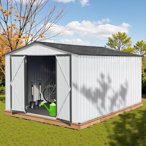10' x 8' Large Outdoor Storage Shed, Sturdy Metal Building w/Windows & Lockable Doors for Garden, Backyard, Poolside and Lawn, Grey