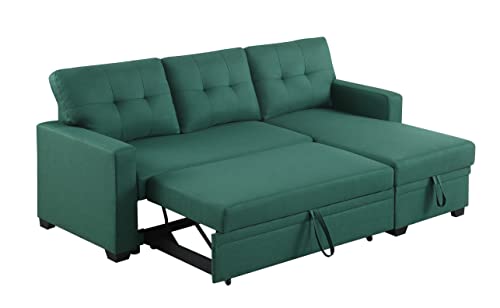 L-Shape Sofa Sectional Convertible Sleeper with Storage Chaise and Pull-Out Bed, Linen Upholstered Reversible Corner 3 Person Couch, for Living Room, Apartment, 82" Green, 82inch