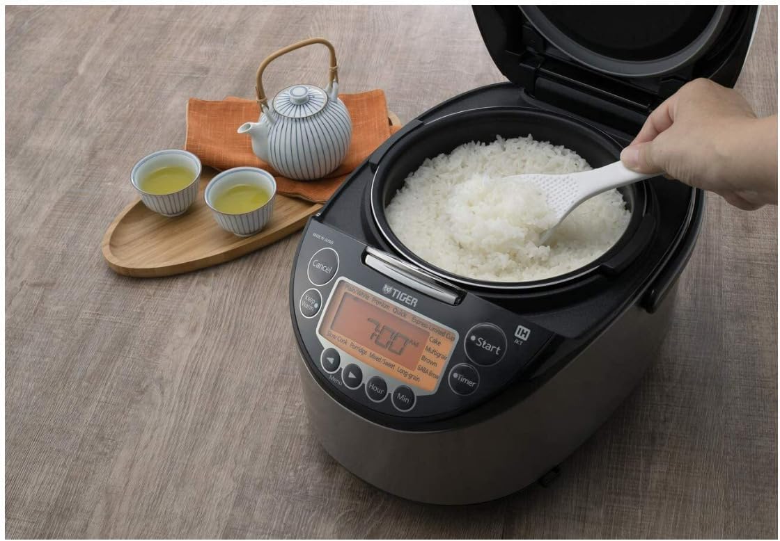 Tiger JKT-D18U 10-Cup Induction Heating Rice Cooker (Black and Stainless Steel) Bundle with Rice Washing Bowl and Bamboo Spoon (3 Items)