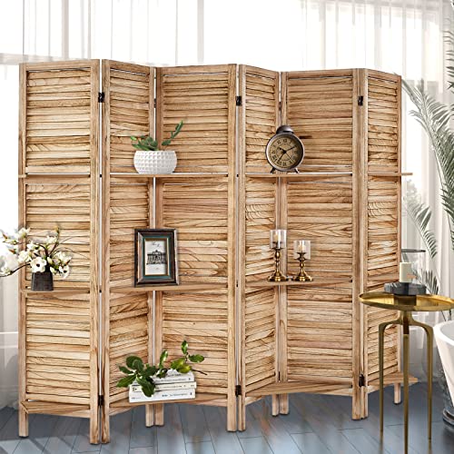 Room Divider with Shelves, Privacy Screen, Room Dividers and Folding Privacy Screens, 5 Panel Wood Temporary Wall Partition Separation Separator, Coconut