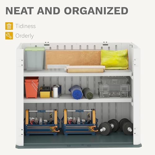 DWVO Outdoor Weather-Resistant Horizontal Storage Shed, 35 Cu Ft Capacity, Lockable and Waterproof, Suitable for Storing Garden Tools, Light Gray