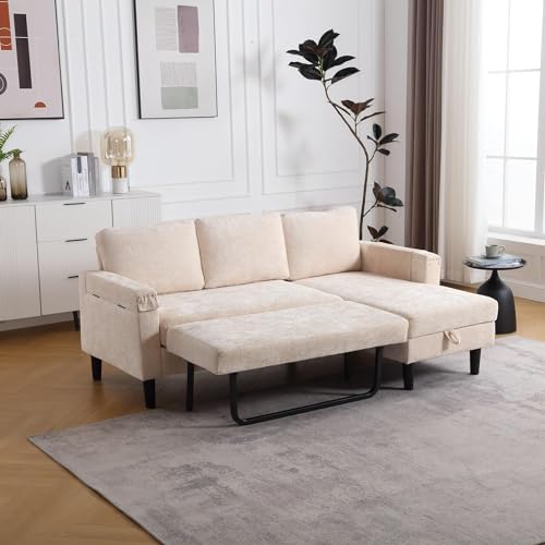 Sleeper Sectional Sofa with Storage Chaise, Side Table, L Shape Chenille Pull Out Sofa Bed, 3 Seater Convertible Couch for Living Room, Apartment, Small Space, Office, Dorm, Beige
