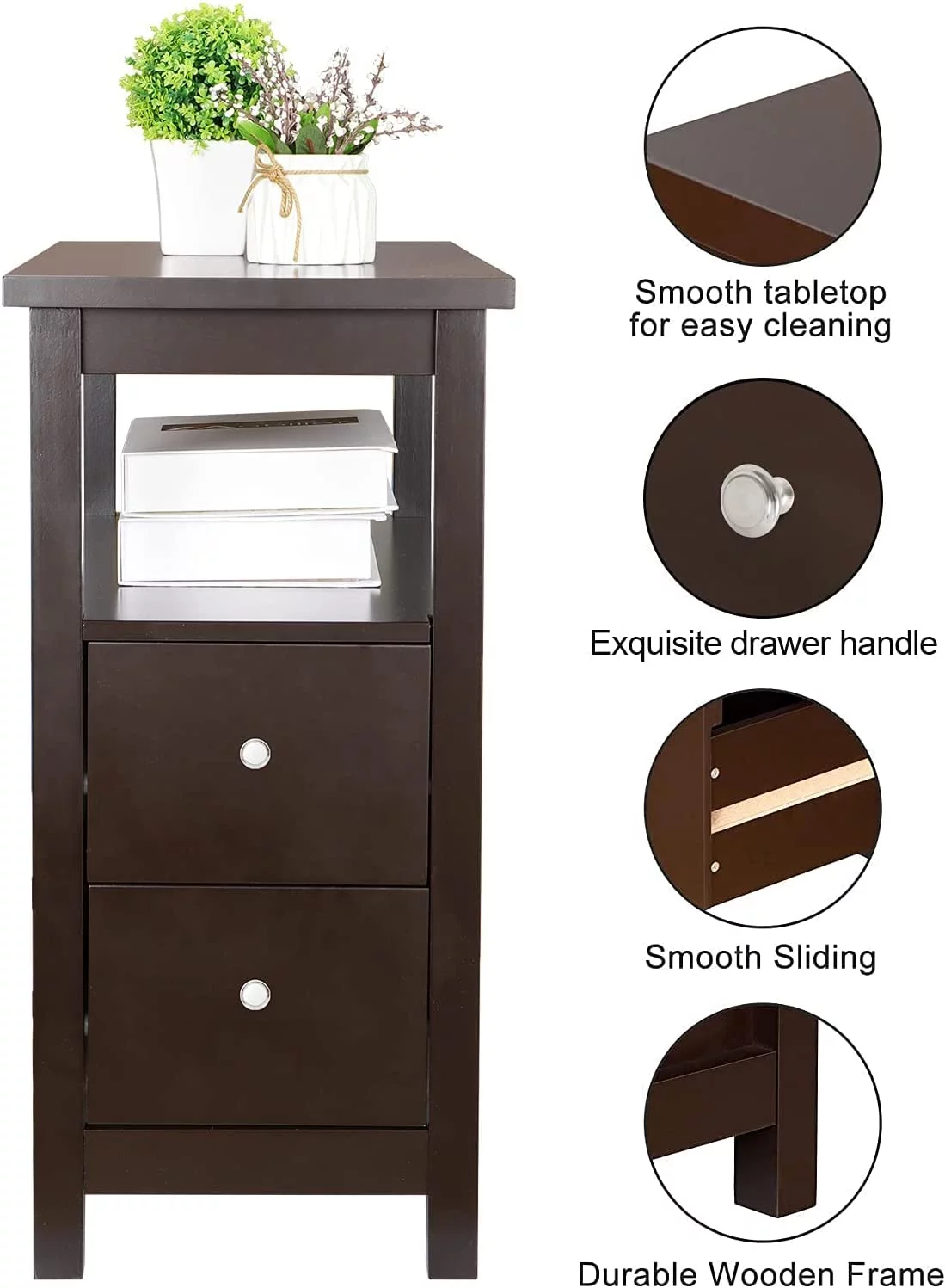 Side Table Set of 2 Chairside Table Narrow End Table with  Shelf and Drawers Small End Table for Bedroom Living Room Kitchen Wood Espresso