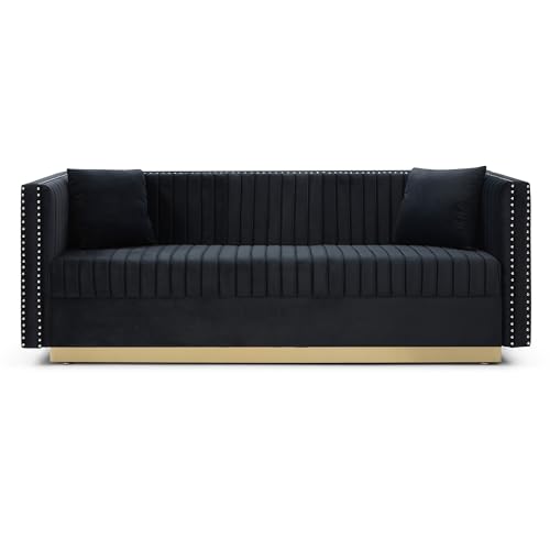 Contemporary Vertical Channel Tufted Velvet Sofa, 3 Seater Couch Sofa, Sectional Sofa with 2 Pillows, Accent Love Seats for Small Spaces, for Living Room,Office,Apartment,Studio,Beige