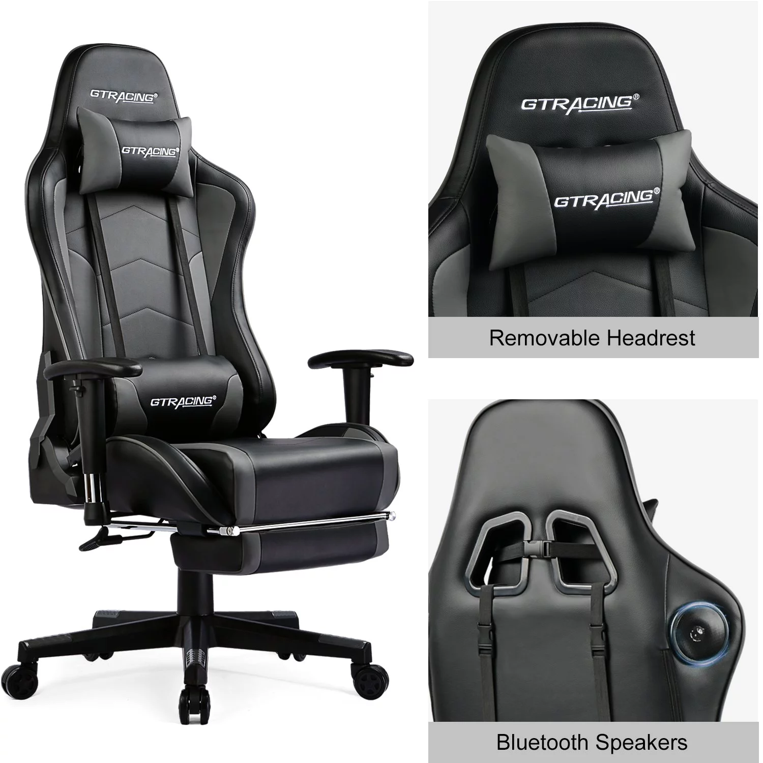 LUCKLIFE Gaming Chair with Speakers Bluetooth and Footrest in Home PU Leather Office Chair, Gray