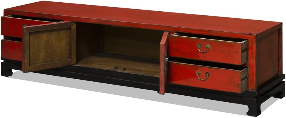 ChinaFurnitureOnline Elmwood Oriental Media Cabinet, Kang Style in Distressed Red Finish