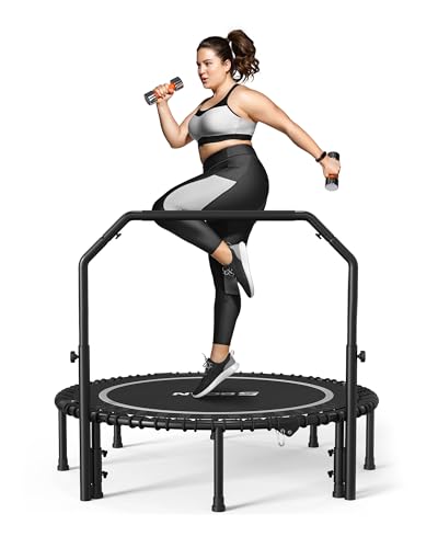 BCAN 450/550 LBS Foldable Mini Trampoline, 40"/48" Fitness Trampoline with Bungees, U Shape Adjustable Foam Handle, Stable & Quiet Exercise Rebounder for Adults Indoor/Outdoor Workout