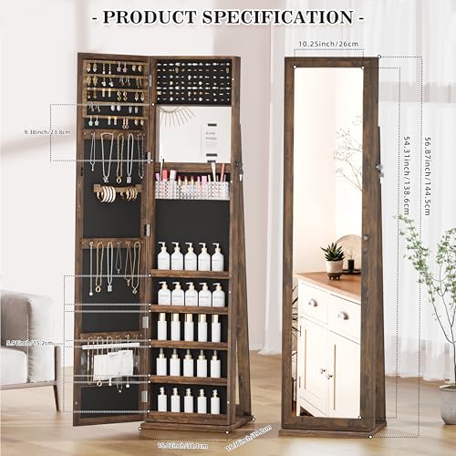 Jewelry Cabinet with Full-Length Mirror, Lockable Jewelry Armorie Standing with Inside Makeup Mirror, Space-Saving Jewelry Storage Organizer, Brown