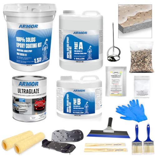 Garage Epoxy Floor Kit – 100% Solids - 2 Part Industrial-Grade Coating w/UltraGlaze Topcoat | DIY Slip & Hot Tire Resistant | 300 Sq Ft - Blue - 17 pc kit