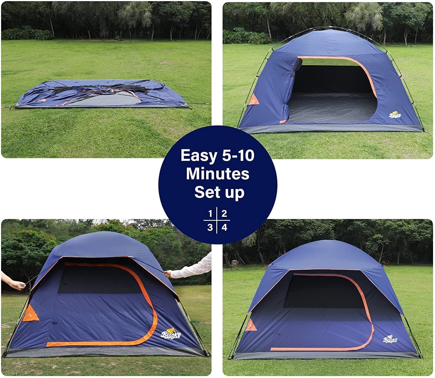 Beesky Waterproof Camping Tents 4 Person Windproof Family Tent with Removable Top Rain-Fly, Large Mesh Windows, Easy Set Up, Portable Carry Bag