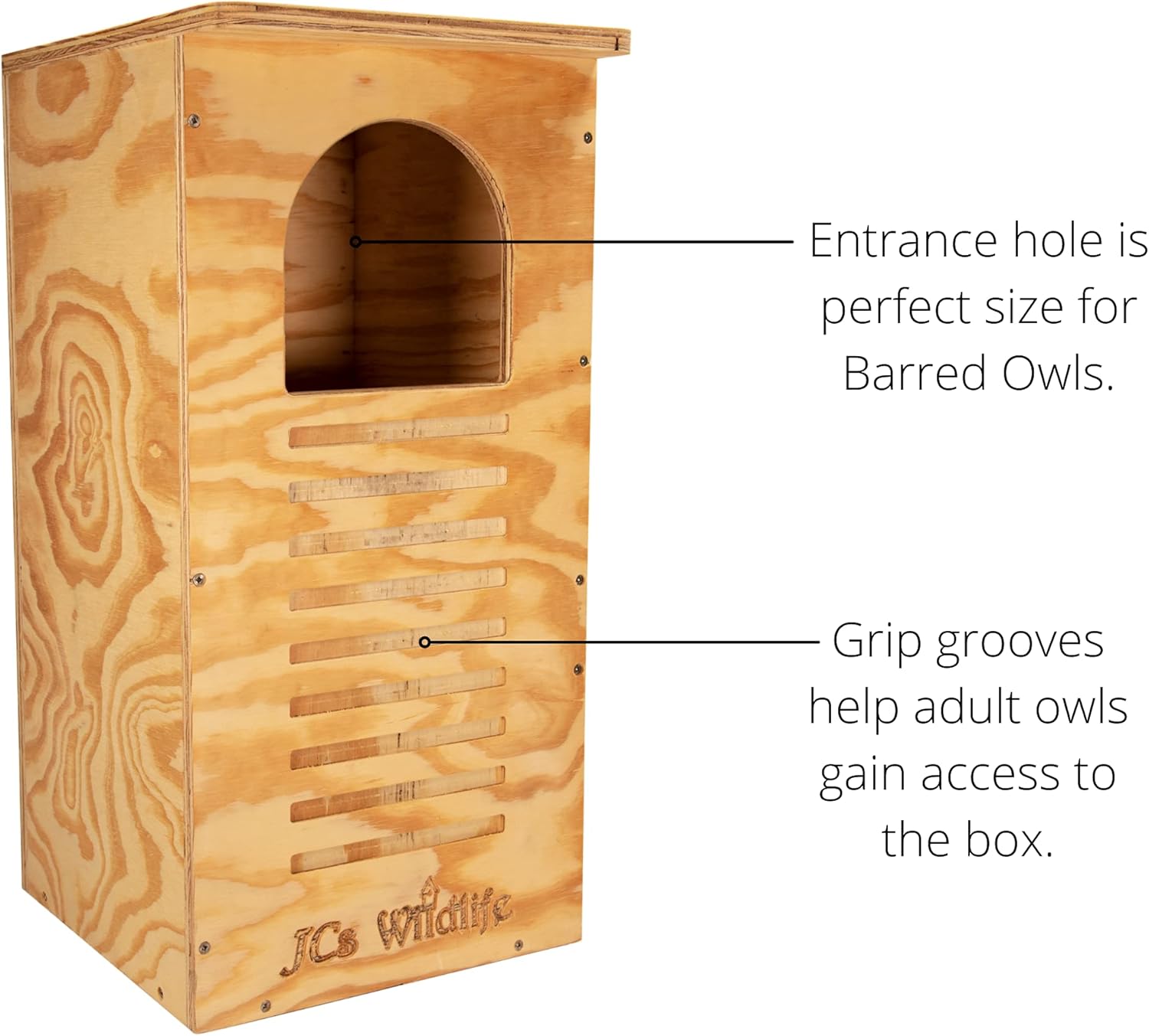 JCs Wildlife Barred Owl Nesting Box - Treated Exterior Grade Plywood - Mounting Hardware and Pine Shavings Included - Dedicated Clean Out Door for Easy Cleaning - Made in The USA