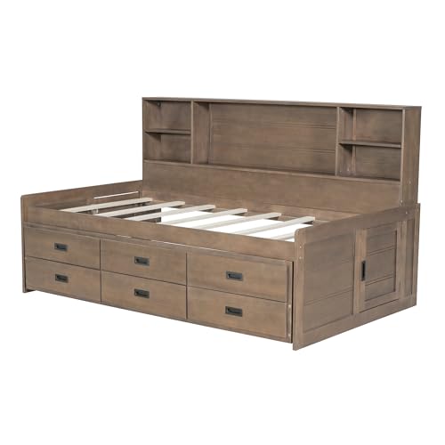 Harper & Bright Designs Full Captain’s Bed with Trundle, Drawers, Bookcase, Solid Wood Full Storage Daybed Frame for Kids Guests, No Box Spring Needed (Full Size, White)