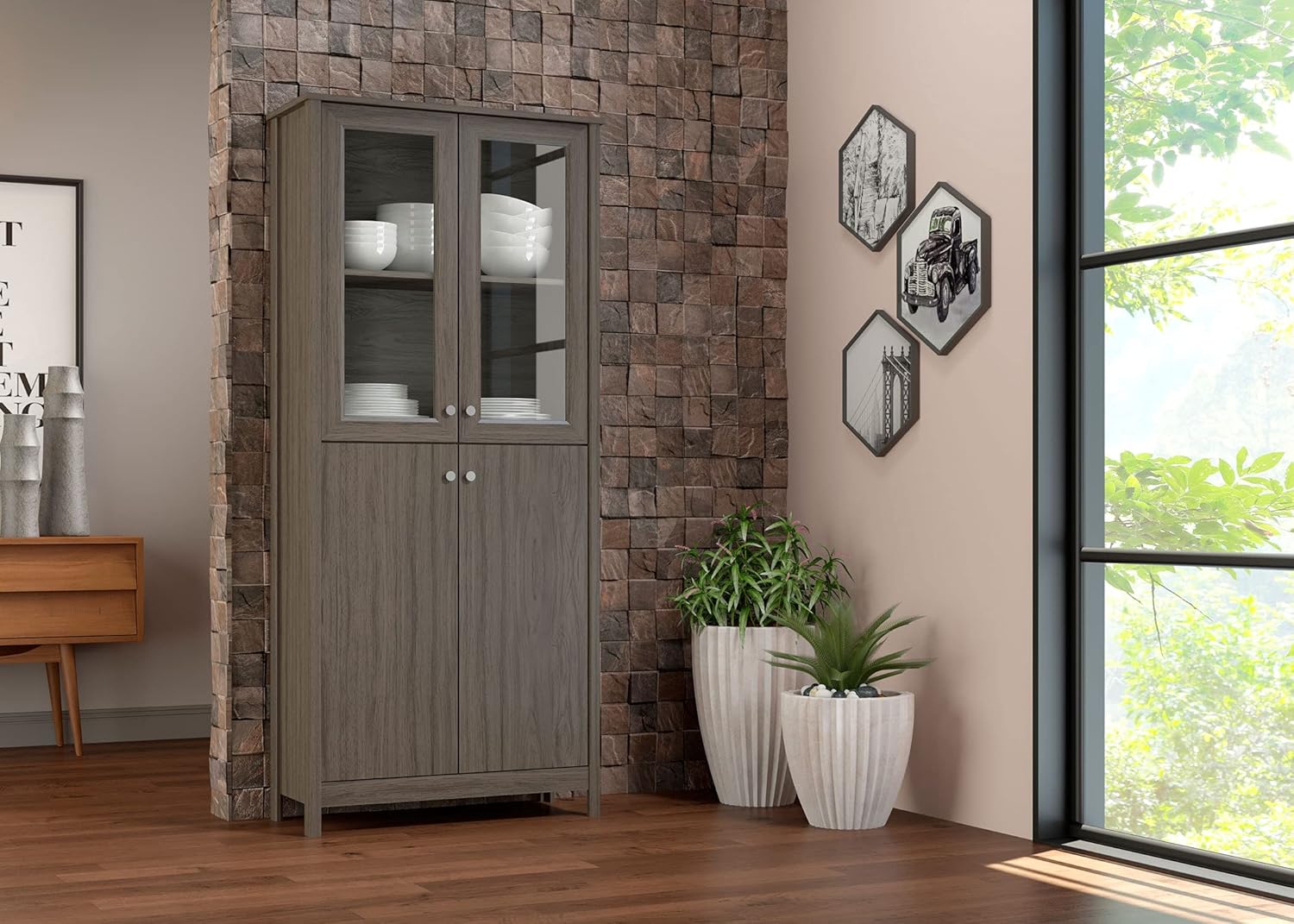 Classic 4-Door Bookcase in White | Combination Glass and Wood 4-Door Library |