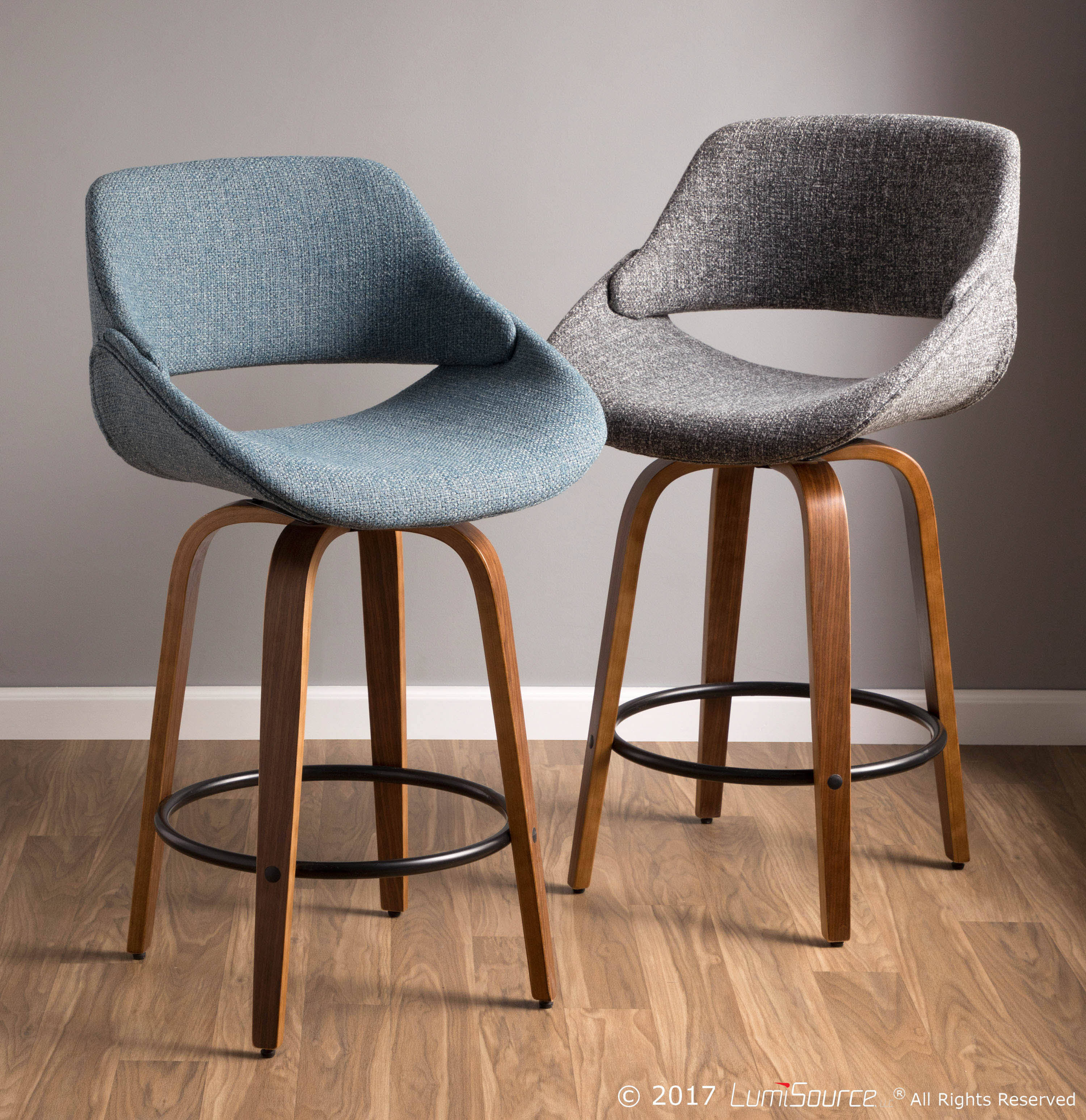 LumiSource Fabrico Mid-Century Modern Counter Stool in Walnut and Grey Noise Fabric