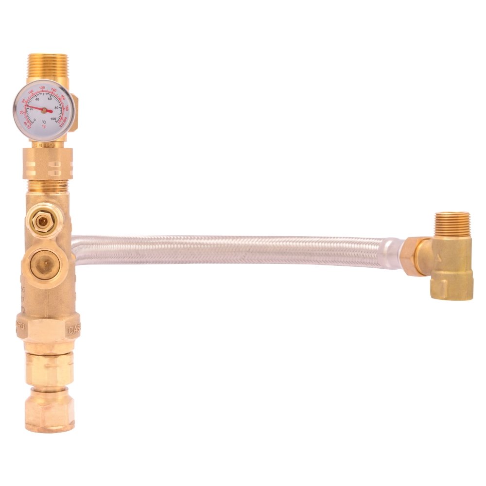 Cash Acme Water Heater Tank Booster Pro, Thermostatic Mixing Valve 3/4 with Temperature Gauge, Braided Hose, Domestic and Commercial Application