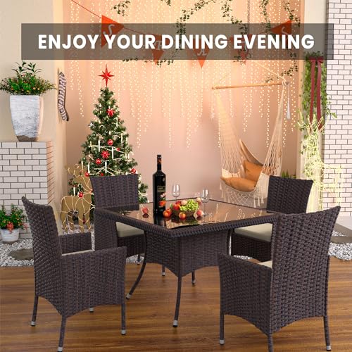 5 Piece Outdoor Dining Set,Rattan Patio Conversation Set of 4 Chairs,Patio Dining Table and Chairs w/Cushions,Square Glass Tabletop,Umbrella Cutout for Patio,NavyBlue