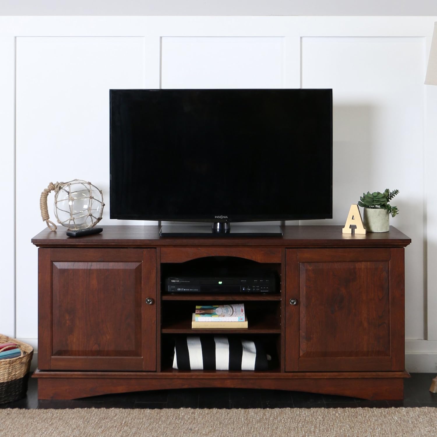 Walker Edison Traditional Wood Universal TV Stand with Storage Cabinets for TV's up to 65 Living Room Entertainment Center, 44 Inch, Traditional Brown