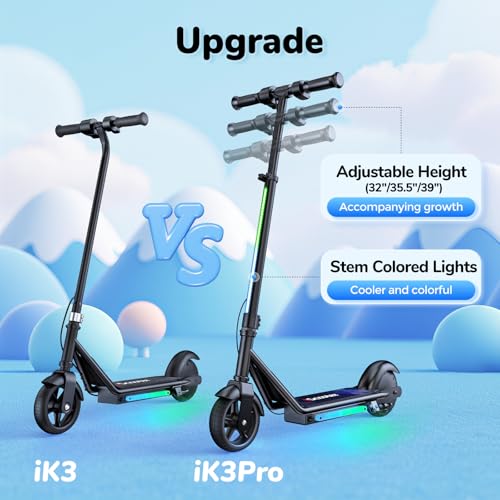 iScooter IK3/IK3Pro Electric Scooter for Kids Ages 6-12, 150W Motor, LED Display, 3 speeds Adjustable,3 Adjustable Heights(IK3Pro),Colorful Lights, Double Brake,Magnetic Charging