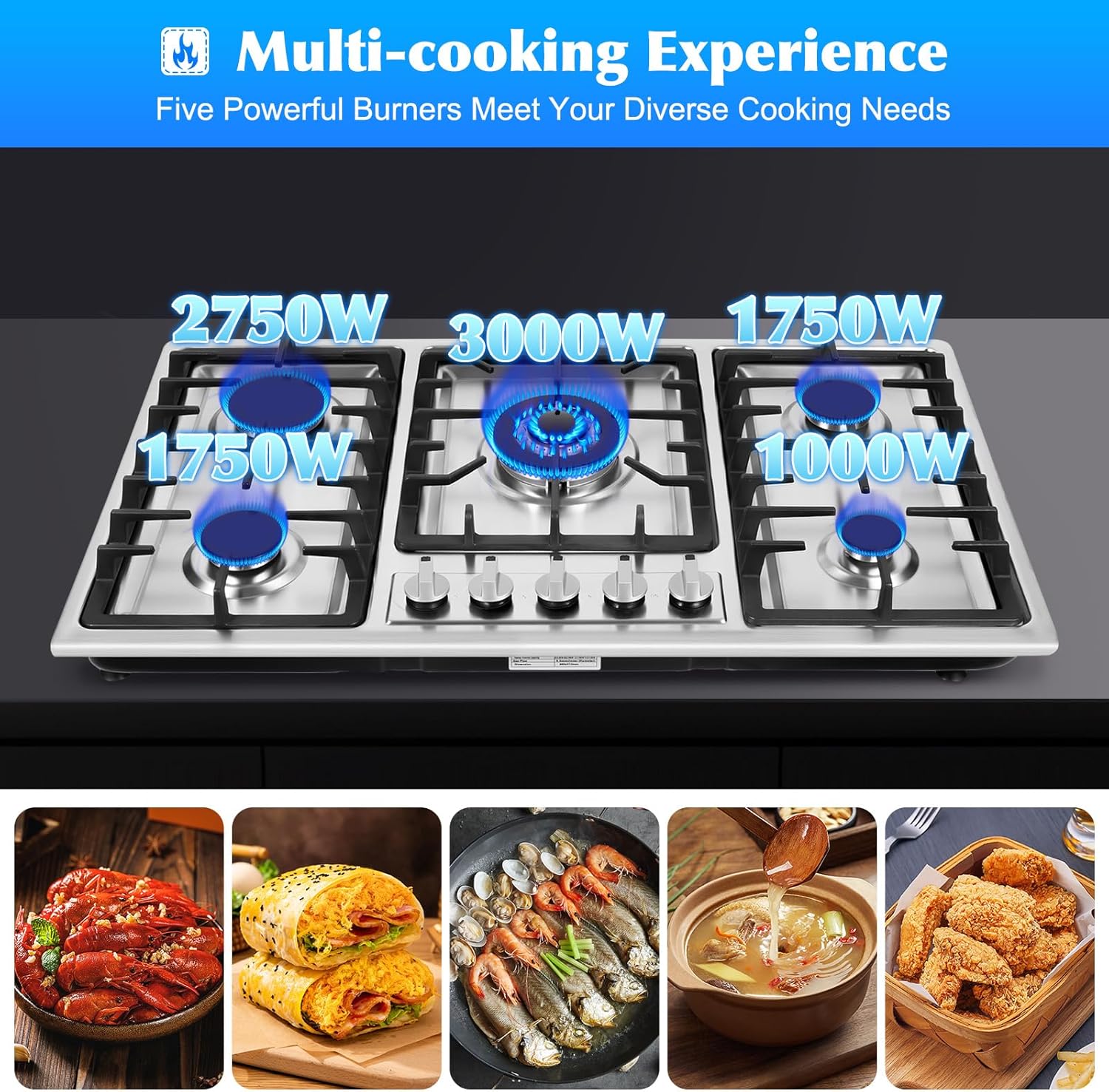 Gas Cooktop 34 inch 5 Burners, Built-in Gas Stove Top Five Different Powered Burners, NG/LPG Convertible Dual Fuel Automatic Flame Failure Protection Device Fully Enclosed Stainless Steel Panel.