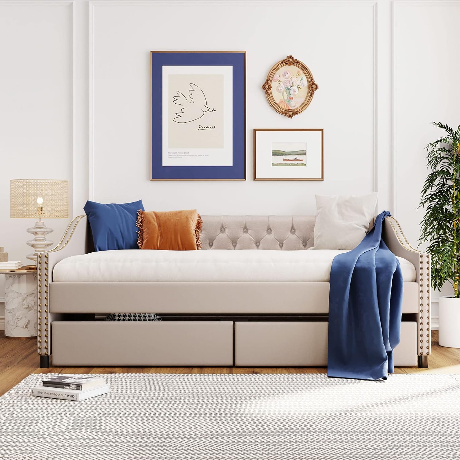 Full Upholstered Daybed Frame with Storage Drawers, Full Size Sofa Bed for Bedroom Living Room Guest Room, Wood Slat Support, Beige