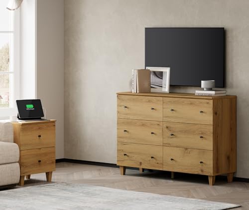 WAMPAT TV Stand with 6 Drawers for 55 Inches TVs & 1 End Table with 2 Drawers and Charging Station for Bedroom, 2 Pieces Modern Wood Living Room Funiture Table Sets, Oak Brown