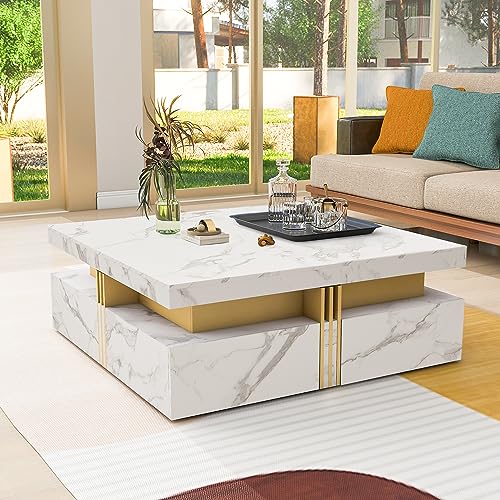 Modern Round Lift-top Nesting Coffee Tables with 2 Drawers for Living Room White & Natural