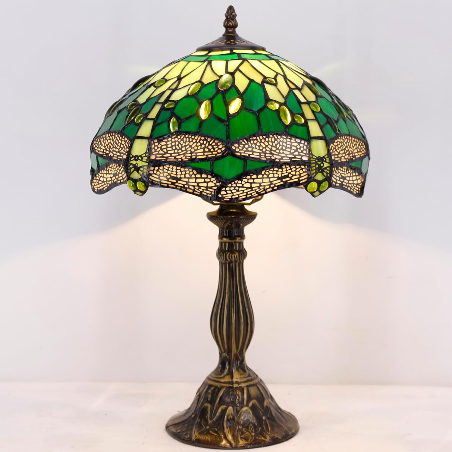WERFACTORY Tiffany Lamp Green Stained Glass Bedside Table Lamp Dragonfly Style Desk Reading Light 12X12X18 Inches Decor Bedroom Living Room Home Office S459 Series
