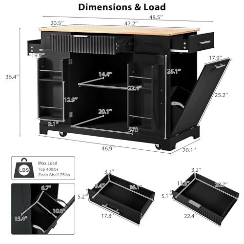 60" Kitchen Island with Drop Leaf and Power Outlet, Rolling Kitchen Cart on Wheels with Trash Can Storage Cabinet, Spice Rack, Towel Rack and Adjustable Shelf for Dining Room
