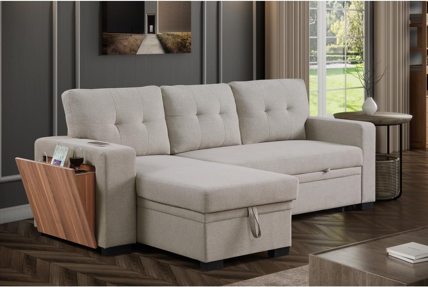 Devion Furniture 92" W Modern L-Shaped Polyester Fabric Upholstered Reversible Side Compartment Sleeper Sectional Sofa Bed with Chaise in Light Gray Finish