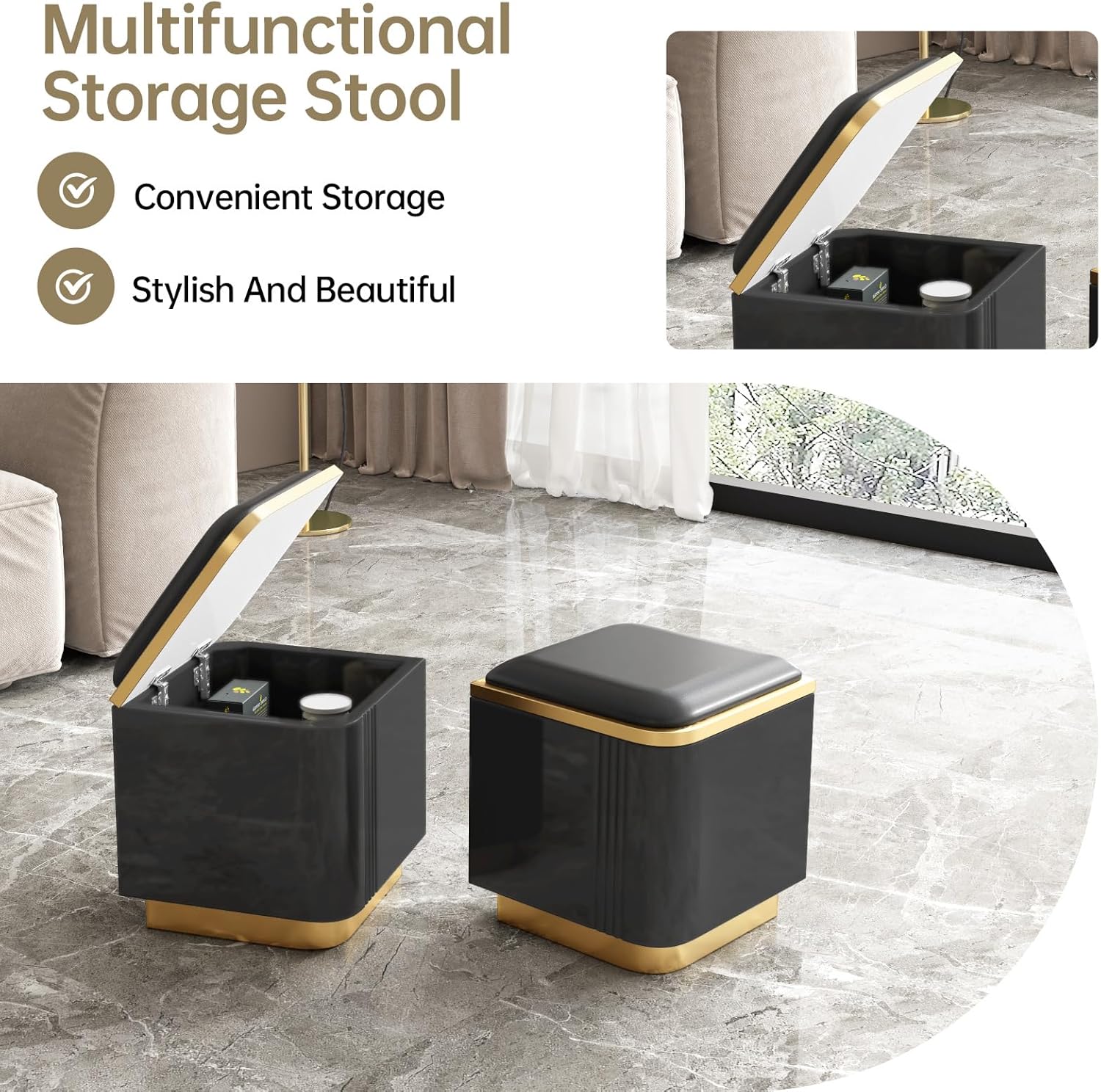 Black Lift Top Coffee Table with 4 Storage Stools, 3 in 1 Multifunctional Storage Coffee Table, Coffee Table with Lift Top, Adjustable Coffee Table Converts to Dining Table for Living Room