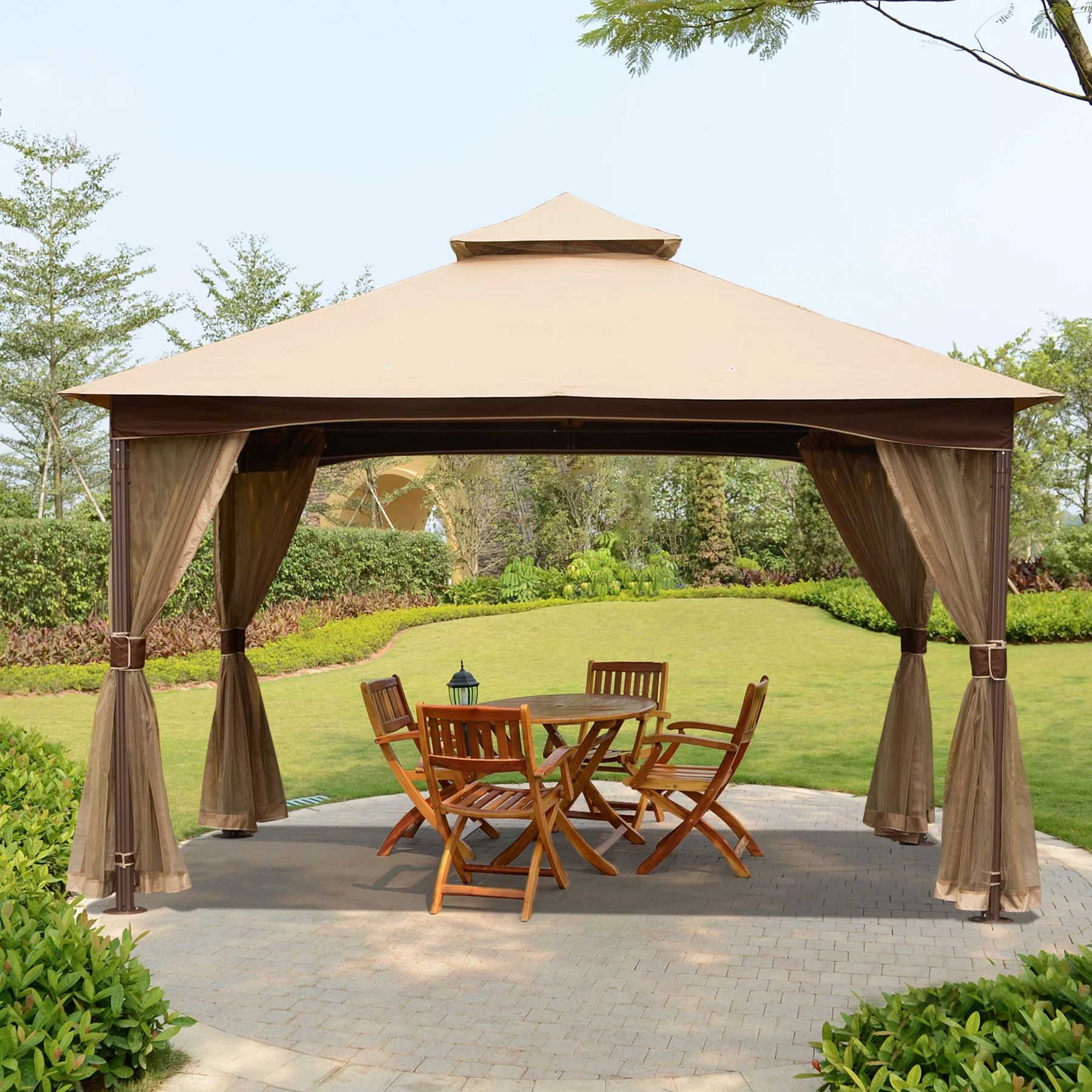 Domi Outdoor Living 10'x13'Patio Gazebo Outdoor Ventilation Double Roof Gazebo with Mosquito Netting for Patio,Lawn and Garden, Brown