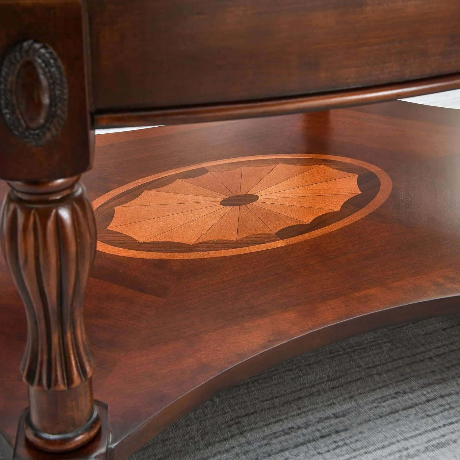 Oval Coffee Tables For Living Room, Solid Wood Coffee Table With Glass Top, Vintage Cocktail Table, 46"X29"X18.2", Easy Assemble, Cherry Walnut, KFZ-1533-GT