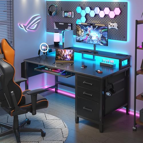 Lufeiya Computer Desk with File Drawers Cabinet, 47 Inch Home Office Desks with Keyboard Tray, Gaming Desk with LED Lights and Power Outlets, Writing Table PC Desks with Monitor Stand, Rustic Brown