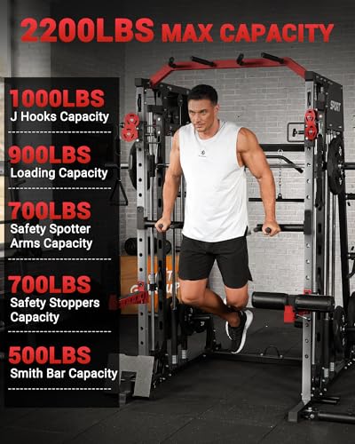Smith Machine Home Gym All in One, 2200LBS Squat Rack Power Cage with Smith Bar, LAT Pull-Down, Cable Systems, Leg Hold-Down and More Attachments, Workout Equipment (Red Black)