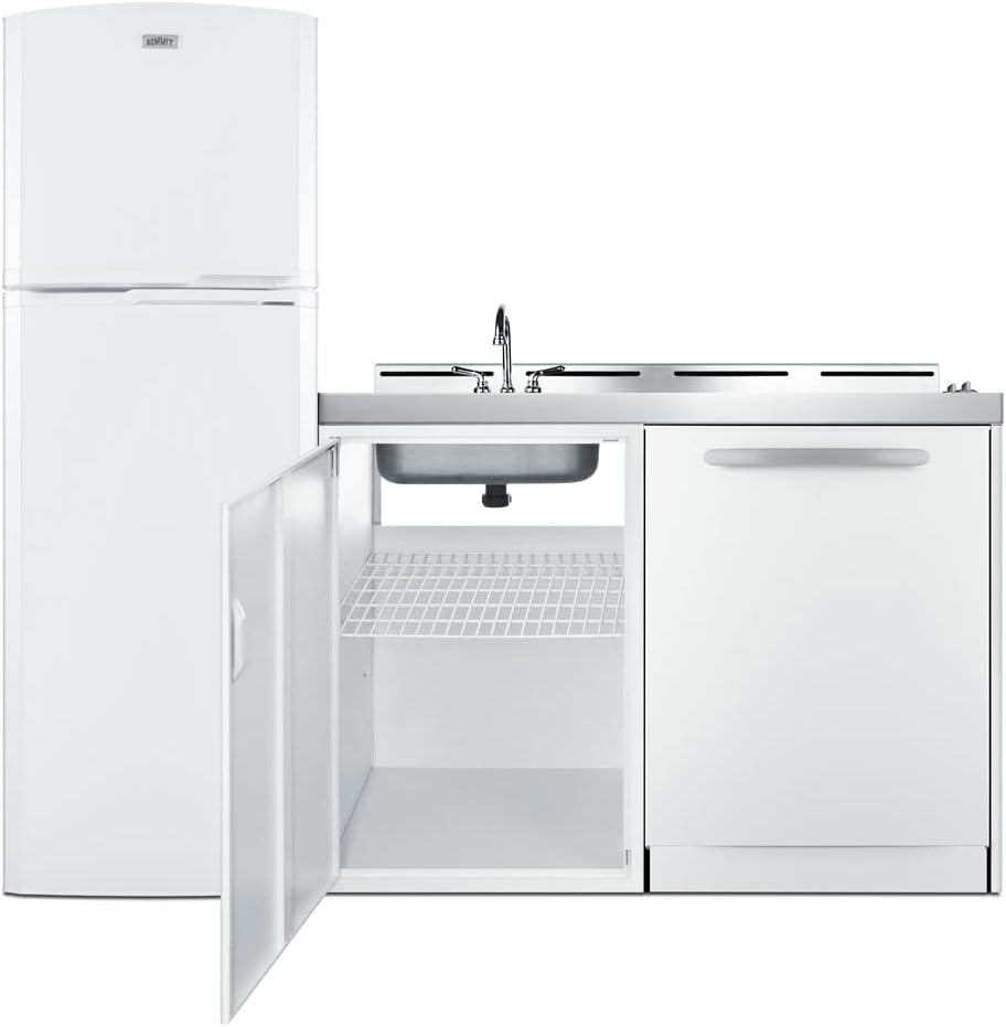 Summit Appliance ACKDW72 72" Wide All-in-one Kitchenette with Full-sized Frost-free Refrigerator-Freezer, 24" Dishwasher, Two Coil 115V Burners, Sink, and Storage Cabinet